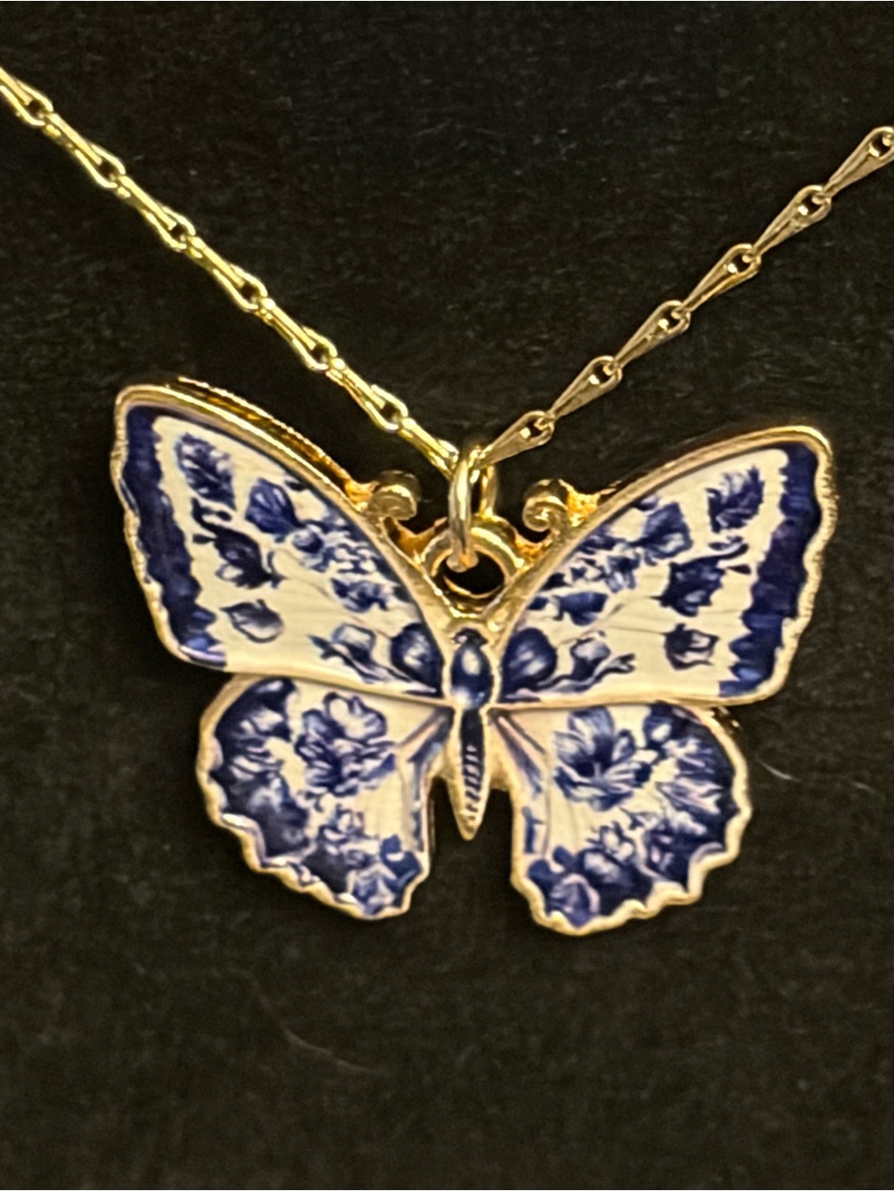 Gold-Tone Butterfly Pendant Necklace in Blue and White - Picture 3 of 5